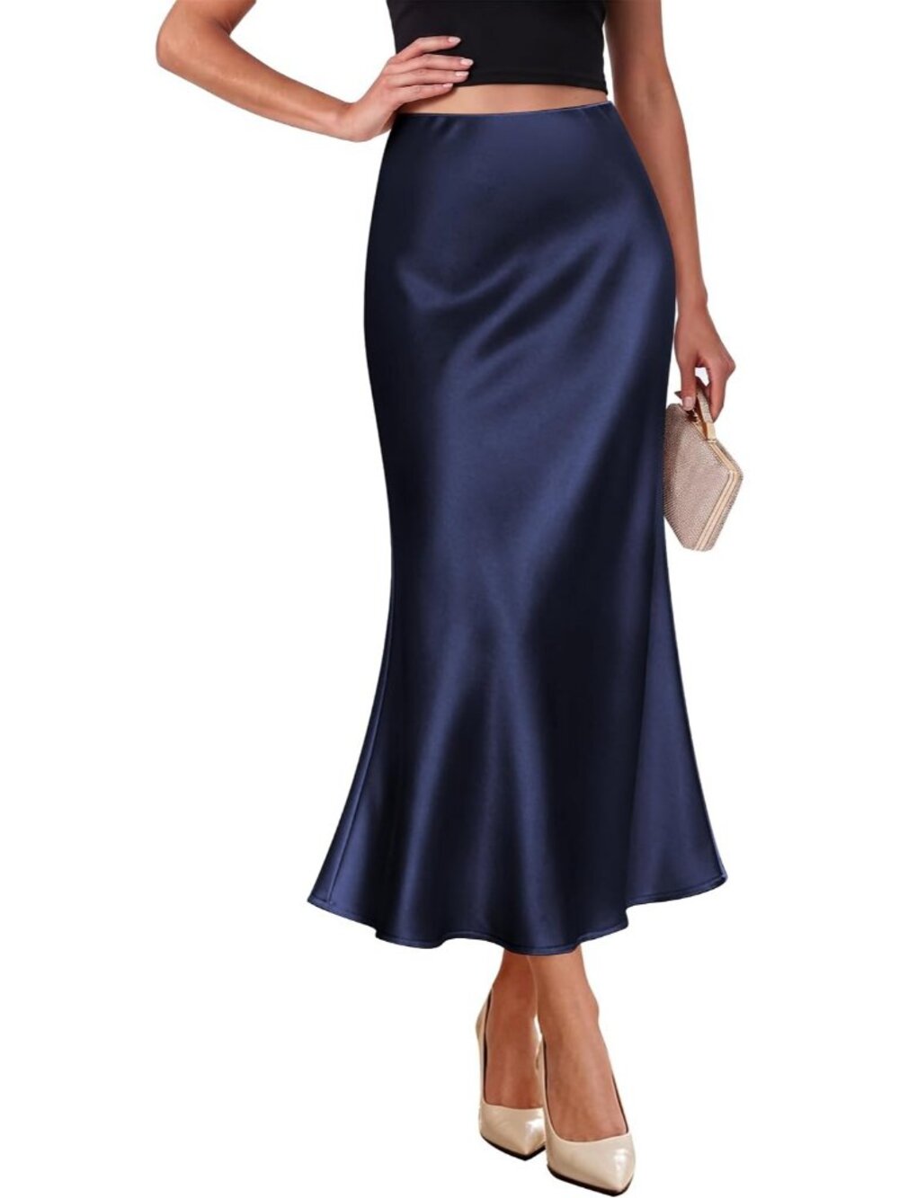 Women's Navy Elegant Satin High Waist Silk Bias Cut Slip Pull On Midi Skirt